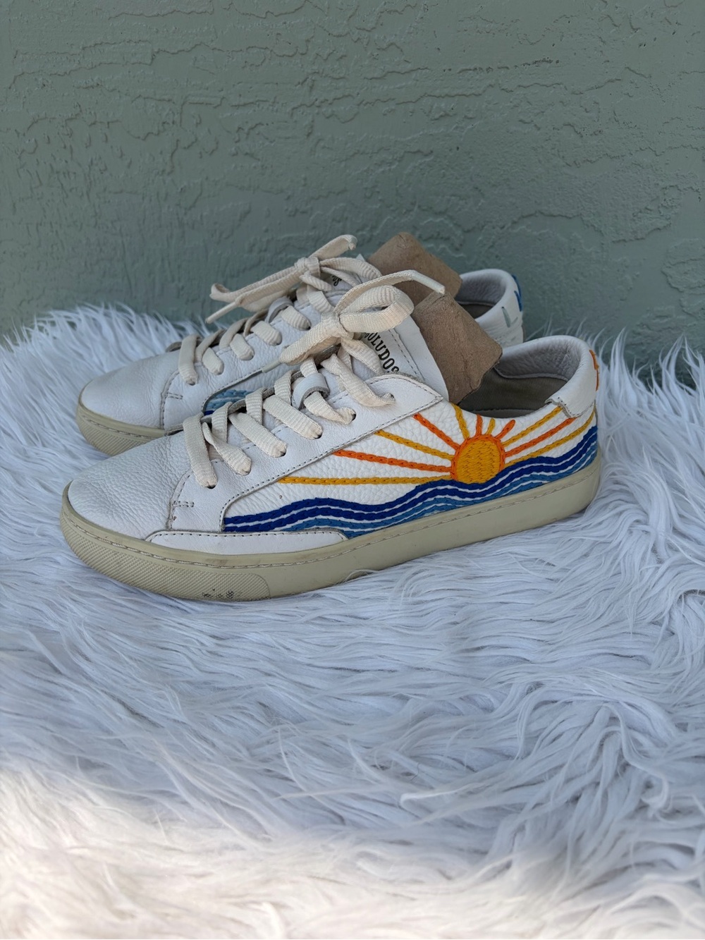 Soludos White Canvas Sneakers with Blue Wave and Yellow Sun Motif - Picture 2 of 8